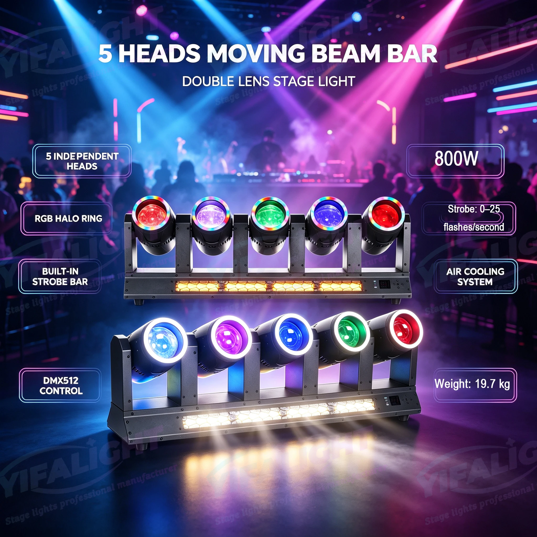 Sunart 5-head with Two Side Beam Moving Light RGBW DMX512 Fixture Suitable for Wedding Parties and Disco Stage Night Clubs Bars