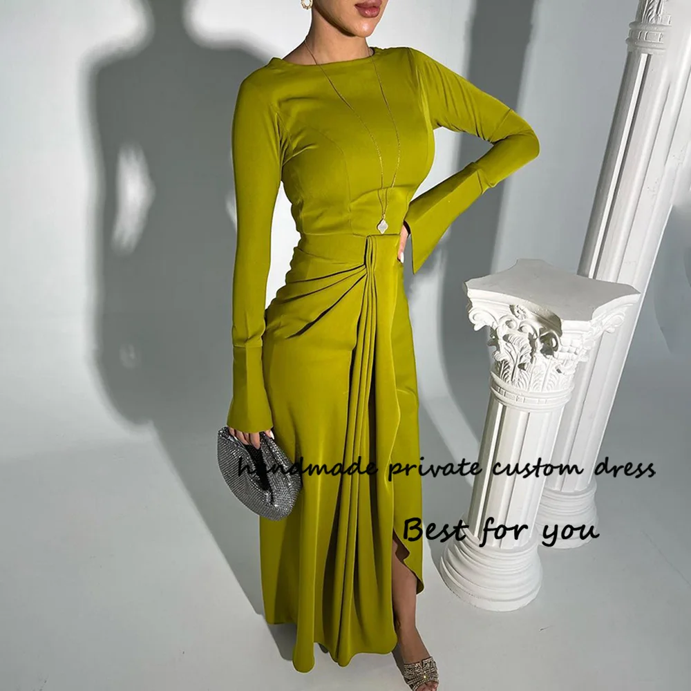 

Sage Green Satin Mermaid Evening Dresses Long Sleeve Front Split Dubai Arabia Formal Dress Floor Length Prom Party Gowns