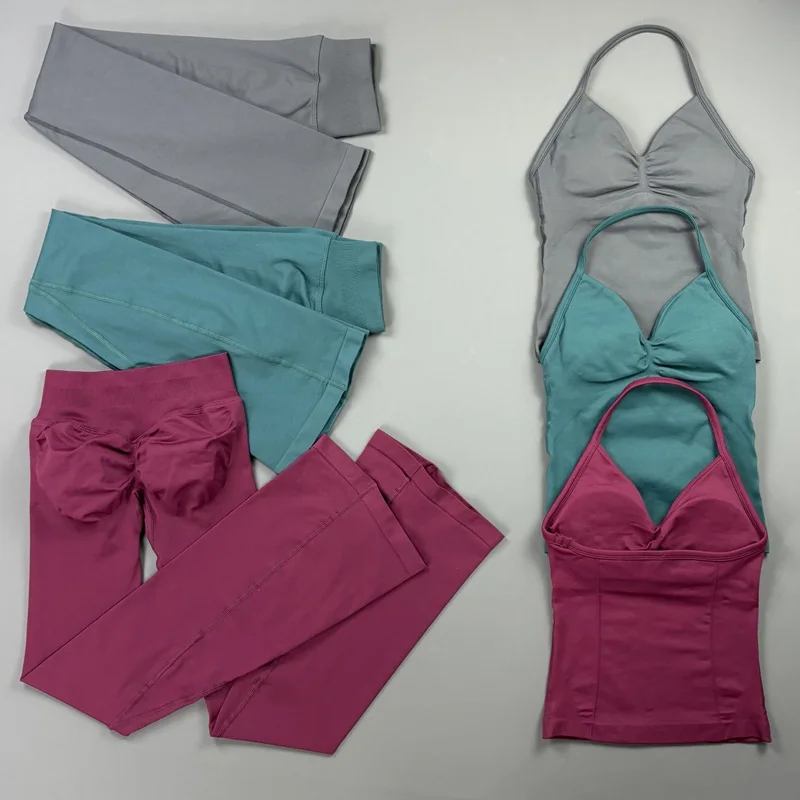 2Piece Halter Wide Leg Pants Set Women High-impact Sports Crop Top Suit Scrunch Butt Yoga Flare Pants Sets Gym Fitness Clothing