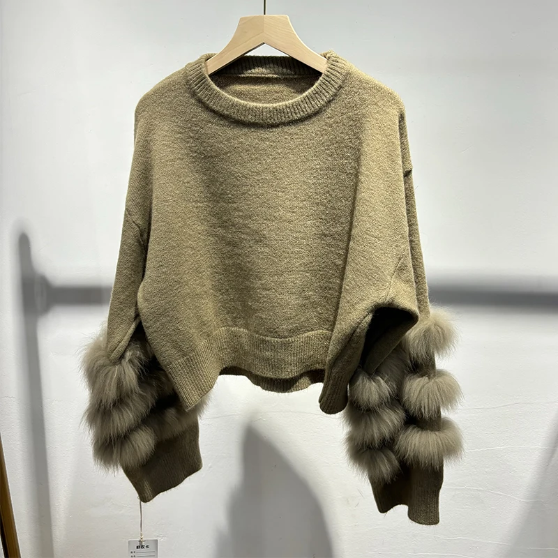 เสื้อสเวตเตอร์ขนสัตว์คลาสสิกคอโอสำหรับผู้หญิง ฤดูใบไม้ร่วง ปี 2025 สีเทา ขนฟ็อกซ์ธรรมชาติ หนา ถักสำหรับสาวๆ