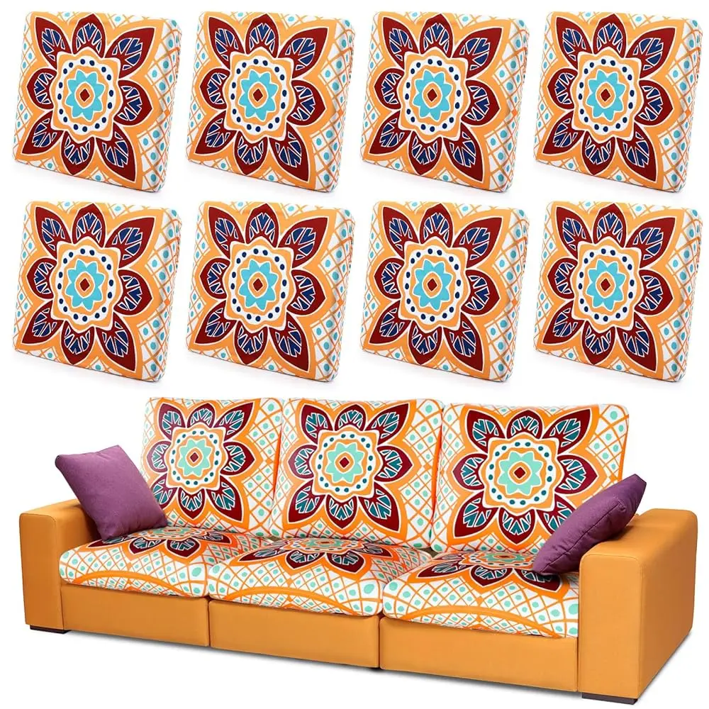 

8 Pcs Stretch Patio Cushion Covers Outdoor Sofa Cushion Covers Replacement Printed Bohemian Floral Sofa Seat Covers Soft Couch