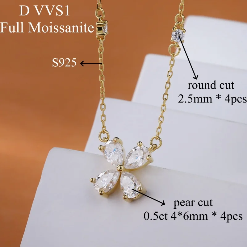 NKHOG Four-Leaf Clover All Moissanite Necklace for Women S925 Silver Pendant Chain Round Waterdrop Cut Lab Diamond Certified GRA