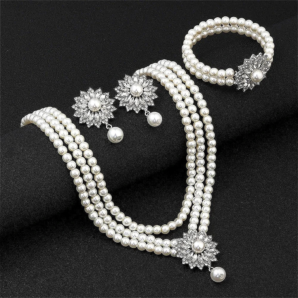 

Sparkling Crystal Flower Pearl Necklace Earrings Bracelet Jewelry Set Fashion Gift for Wedding Brides' Gowns & Formal Occasions