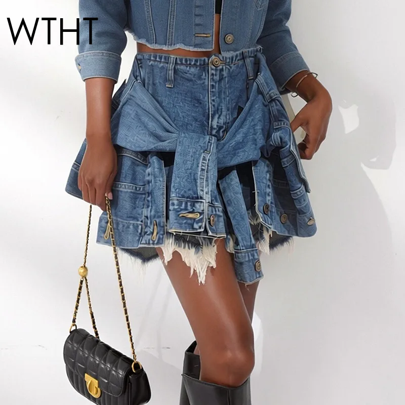 WTHT fashion trendy women's bandage design denim shorts 2026 spring new high waist a-line skirts pants female 1LS3010