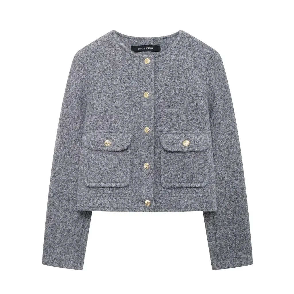 

Women's Fashion Bead Leather Short Jacket round Neck Long Sleeve European American Style Coat for Wholesale