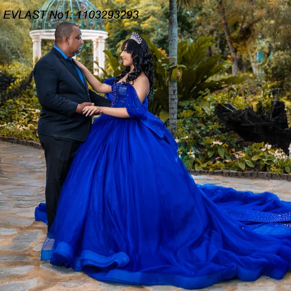 EVLAST personalizado mexicano 2026 vestido para quinceañeras azul real vestido De baile apliques con cuentas arco dulce 16 Vestidos De 15 Anos E1QN479