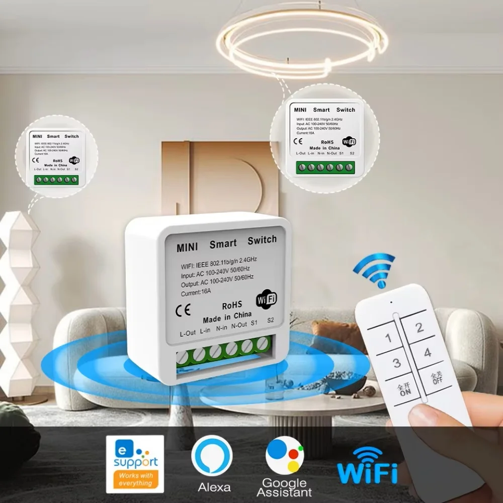 

EWeLink Wi-Fi Smart Switch Mini 16A Умный домашний выключатель Беспроводной пульт дистанционного управления и голосовое управление подходит для Alexa Google Assistant 2-стороннее управление