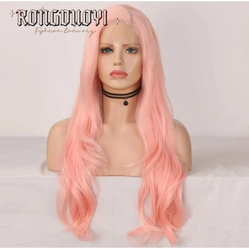 Light Pink Wave Synthetic Lace Wigs For Women Cosplay Wig Long Natural Wave Hair Pastel Pink Wig Daily Wear Pelucas Realistas