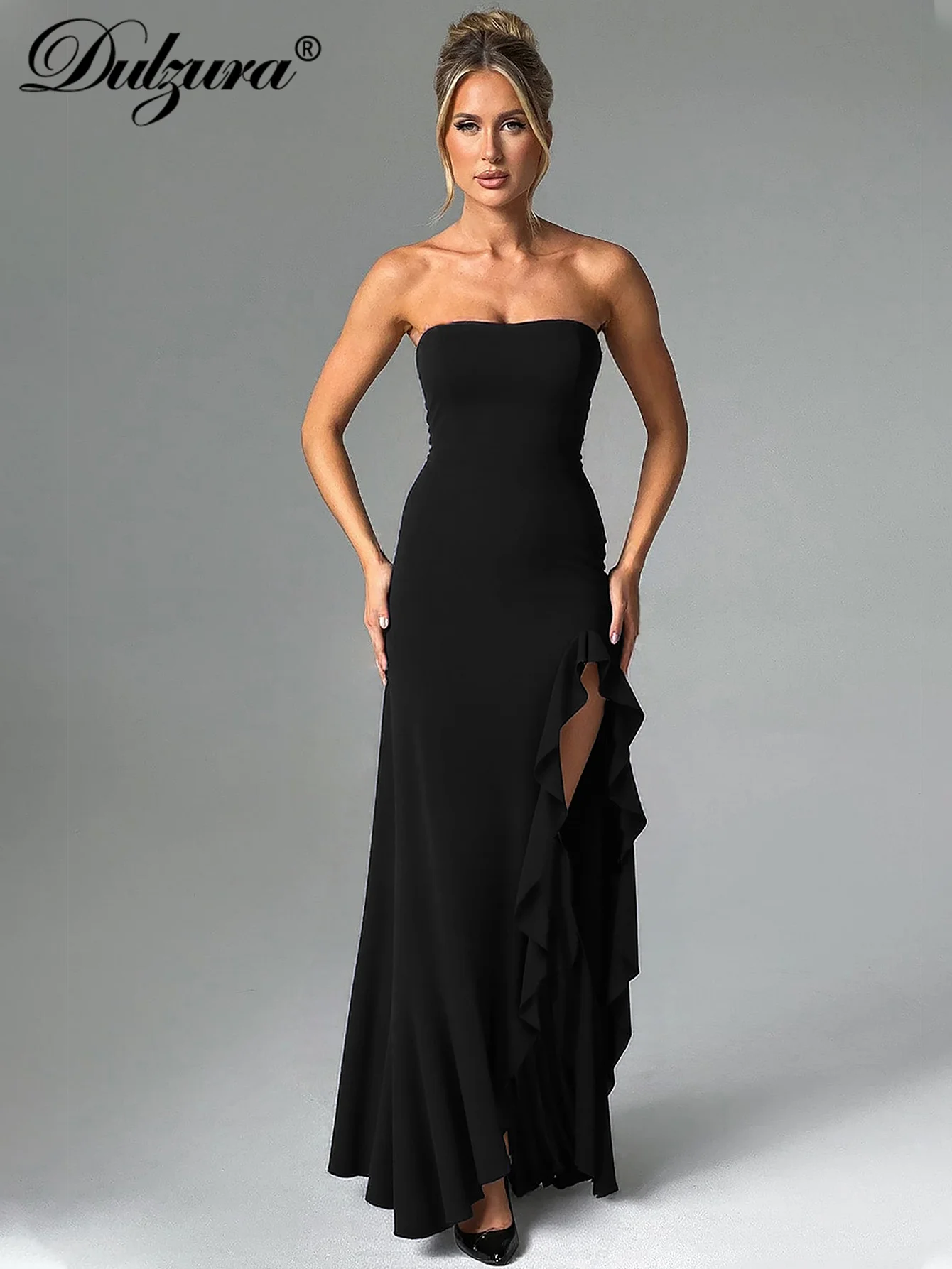 Dulzura Chest Wrapping Backless Slim Fit Ruffles Side Slit Long Dress Solid Sexy Elegant  Dress Party Club Street Summer Clothes