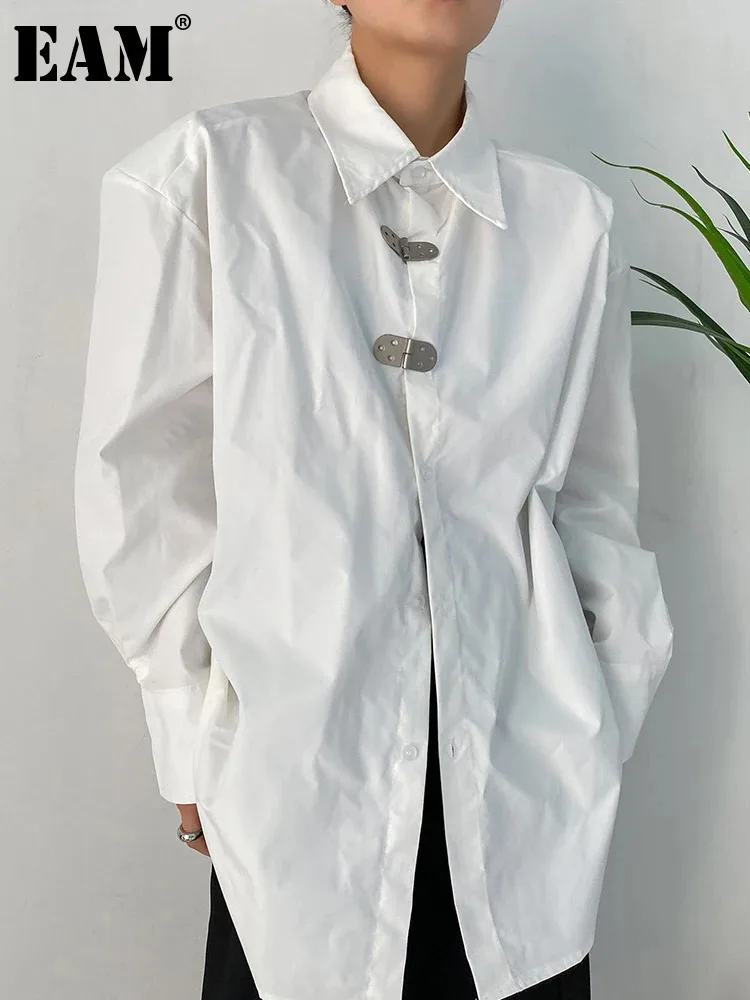 [EAM] Women White Shaped Big Size Casual Blouse New Lapel Long Sleeve Loose Fit Shirt Fashion Tide Spring Autumn 2025 1DF1136