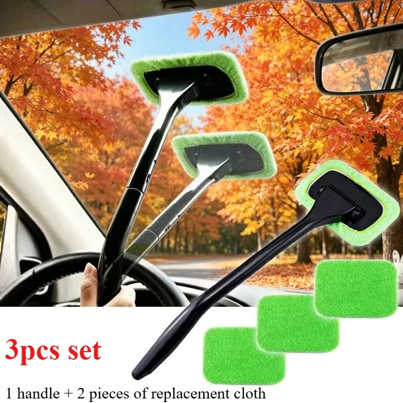 3pcs Car Window Cleaning Tool Set, Handle with 2 Replacement Cloths,Reusable Cleaning Wand for Auto Interior Glass, Dust & Stain
