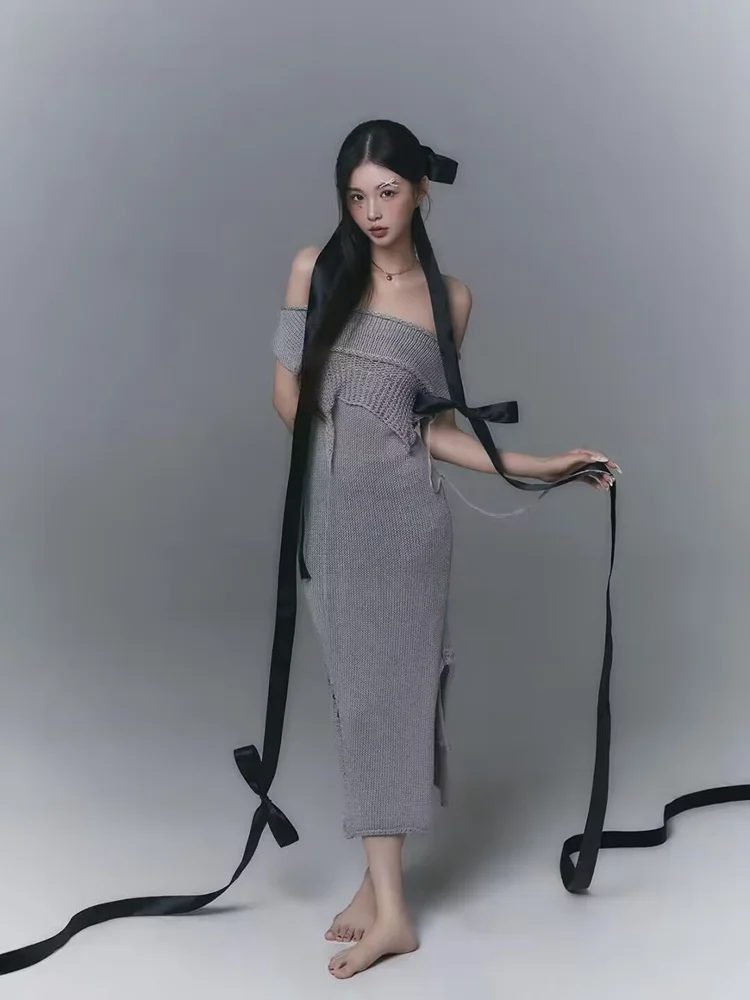 

2026 New Gray Knitted Portrait Photography Costume Korean Mixed Style Studio Art Photo Clothing Set for Ladies Fashionable