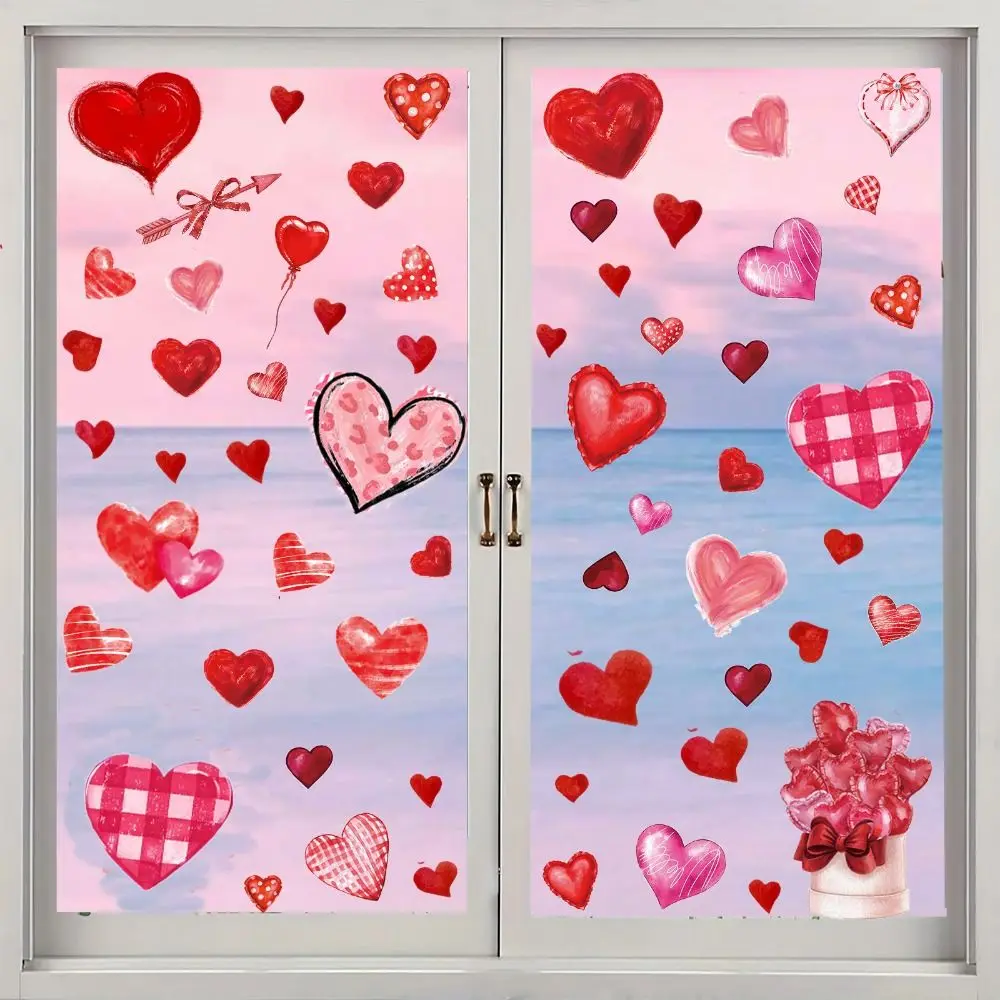 49PCS/6Sheets DIY Heart Shaped Valentine’s Day Love Stickers Red PVC Window Stickers Romantic Wall Stickers Holiday Party