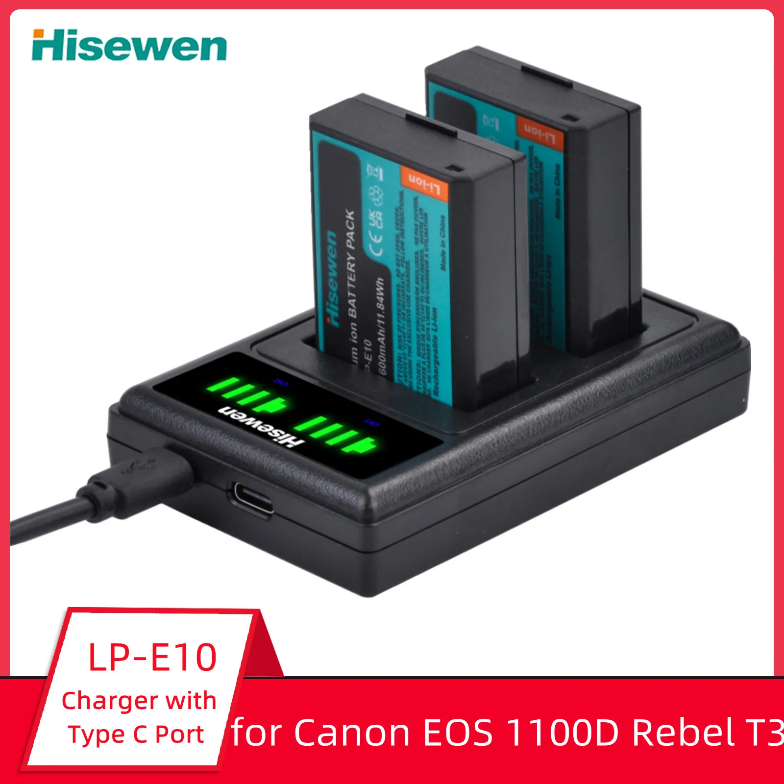 LP-E10 LPE10 LP E10 Battery and Charger with Type C Port for Canon EOS 1100D 1200D 1300D 2000D 4000D Rebel T3 T5 T6 T7 KISS X50