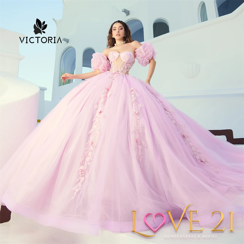 Rosa Spitze Appp liques Puff von der Schulter Quince anera Kleider Ballkleid süß sechzehn Kleid Brautkleider Vestido de Gala