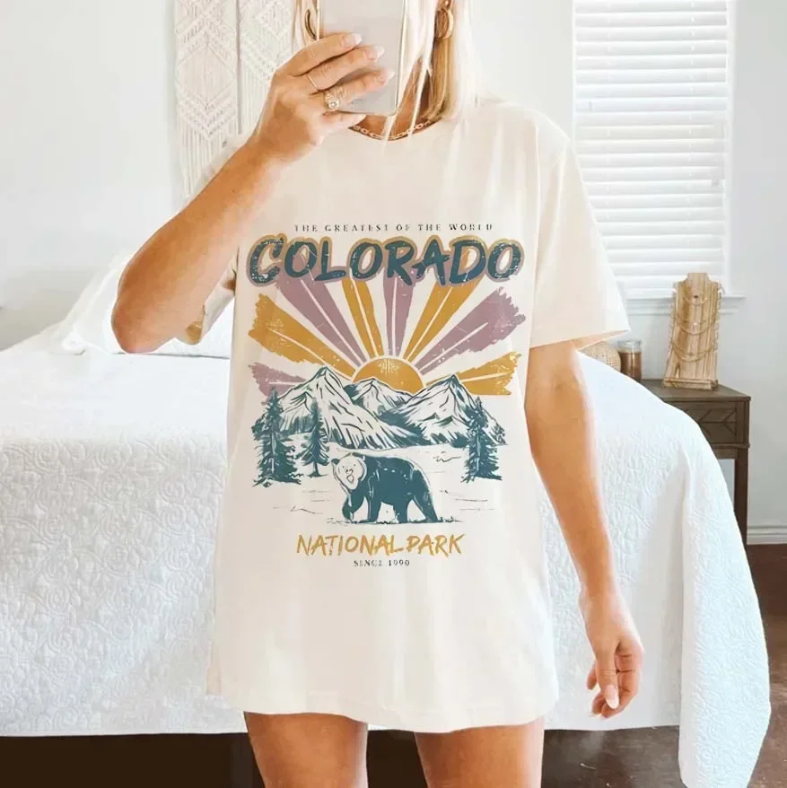 

Colorado Letter Landscape Printed T-Shirt Fashion Casual Round Neck Short Sleeved Sports T-Shirt Casual Daily Top Women's Clothi