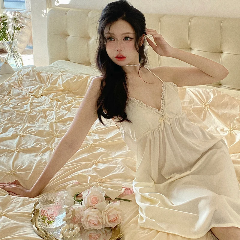 DAIMELU lady nightgown Sexy Pajamas Women's Spring and Summer Thin Ice Silk Suspender nightwear female sleepwear set girl nighty