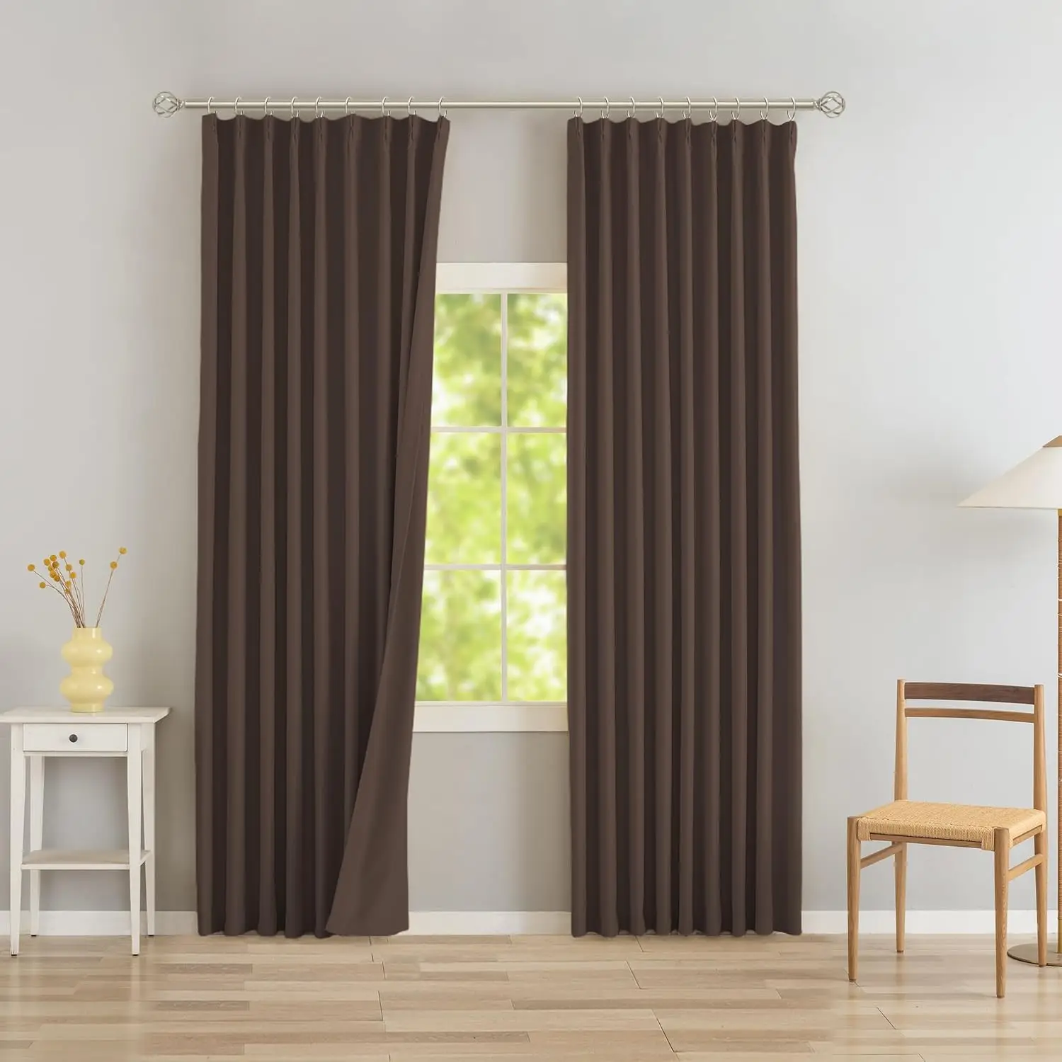 

Brown Pinch Pleated Blackout Curtains with Hooks - 132 inches Extra Long Room Darkening Thermal Insulated Window Curtain