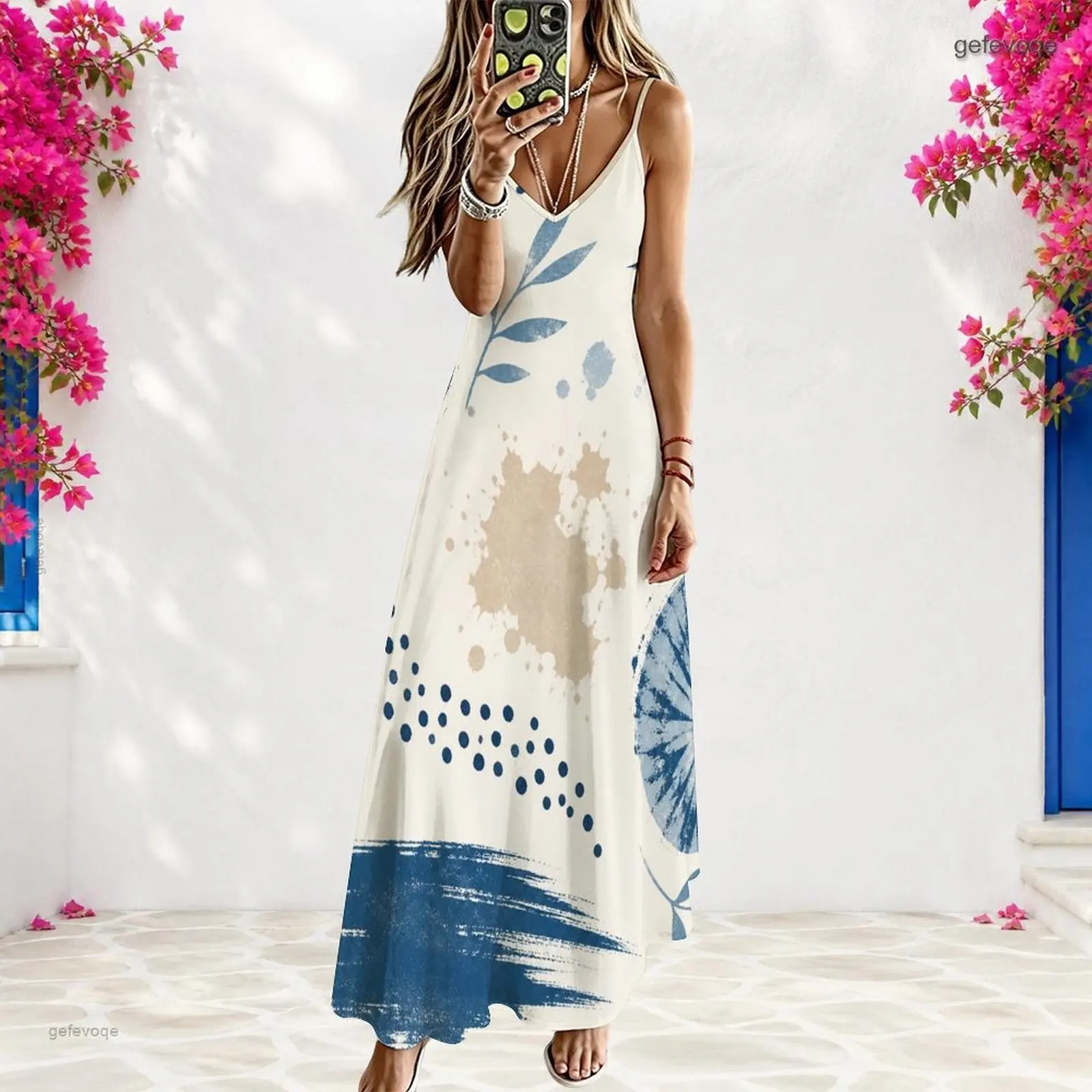 Women Abstract Ink Splash Printed V Neck Strappy Sleeveless A Line Long Dress Blue White Beige