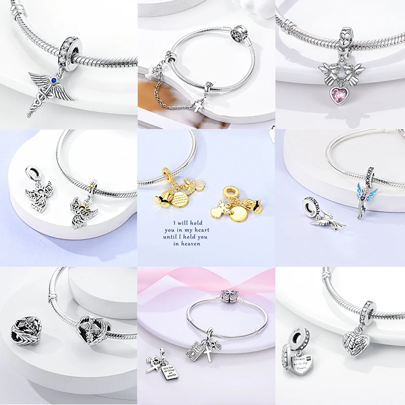 925 Sterling Silber Christlicher Engel-Kreuz-Charm-Perlen Schutzengel-Flügel Herz Glaube DIY Armband Halskette Geschenk für Frauen – Detail 5
