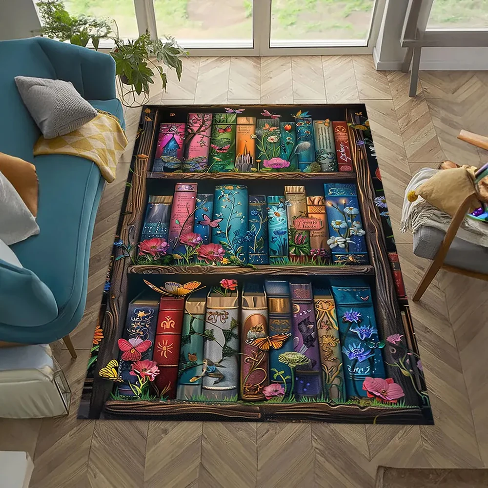 Floral Bookshelf Print Area Rug Soft Washable Floor Mat for Living Room Bedroom  Room Study Room Library Themed Home Decor