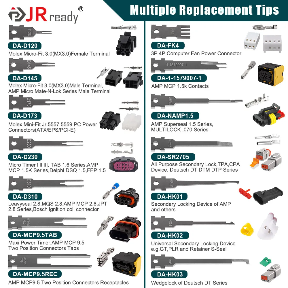 Набор сменных наконечников JRready для экстракционного инструмента и инструмента для высвобождения клемм для соединителей Deutsch,AMP/TE,Molex,Delphi,JST,Harting