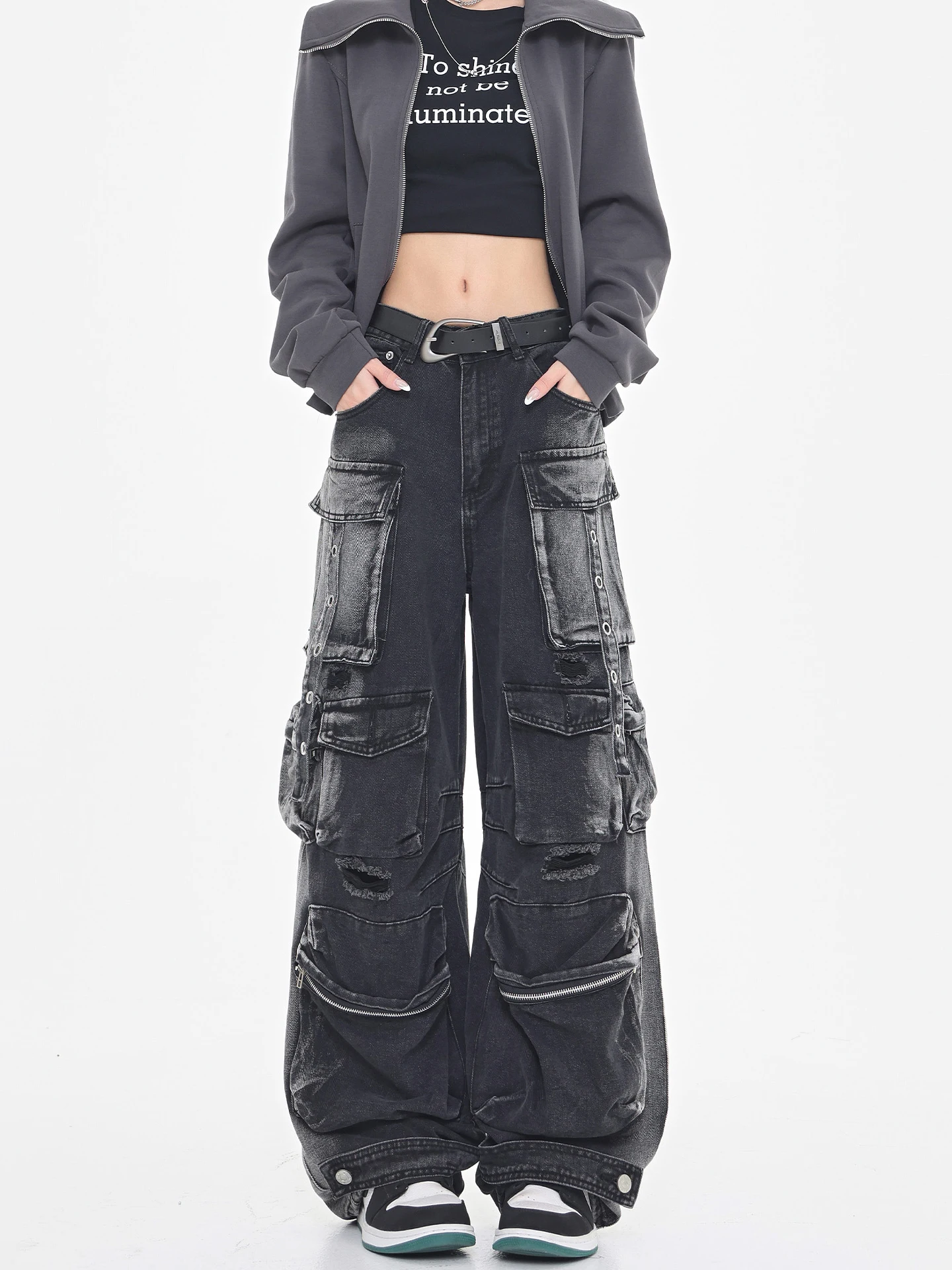 

Американские свободные джинсы с широкими штанинами и широкими штанинами, женские дизайнерские драпированные брюки, повседневные прямые брюки-трубы