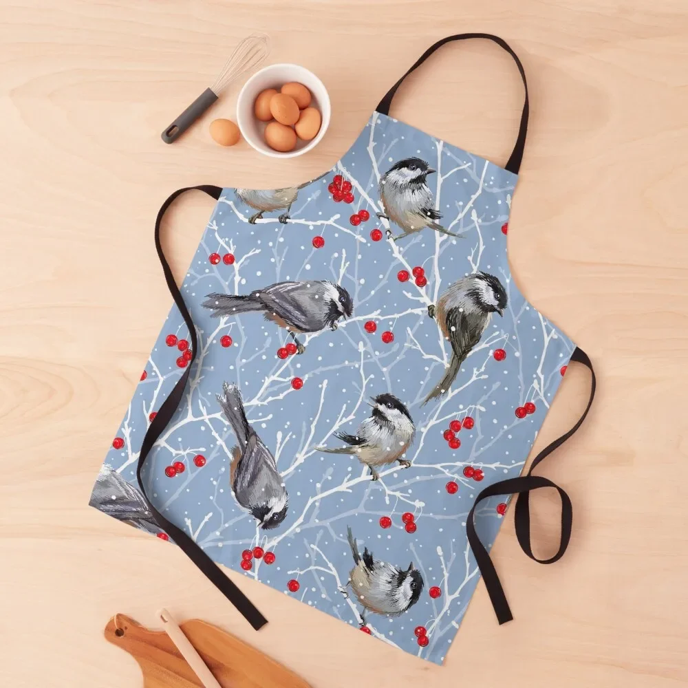 

Winter Chickadees in the Snow | Soft Cerulean Blue Apron Kitchen Women Cooking Clothes Waiter Uniforms beauty master Apron