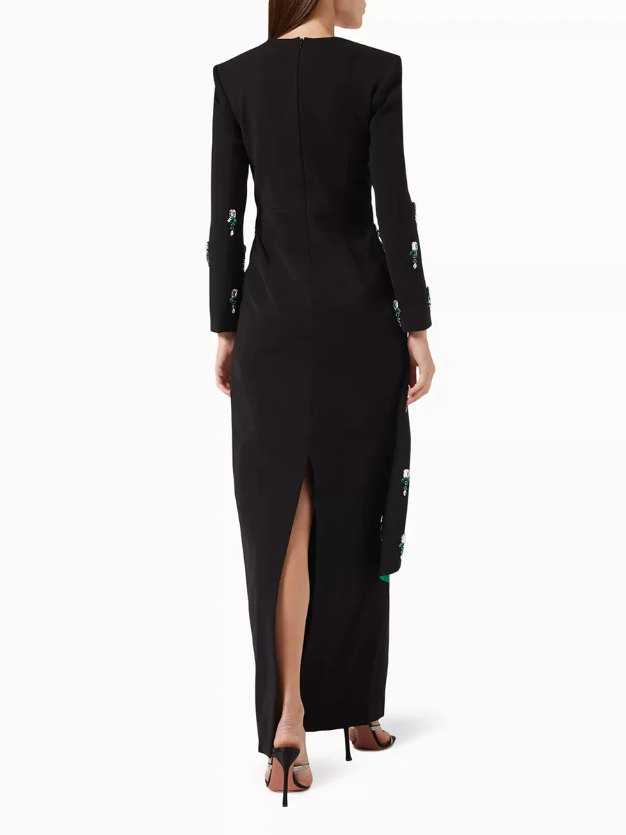 TWOTWINSTYLE Colorblock Spliced Diamond Midi Dresses For Women Square Neck Long Sleeves Patchwork Pearl Elegant Dress Female New - view 2