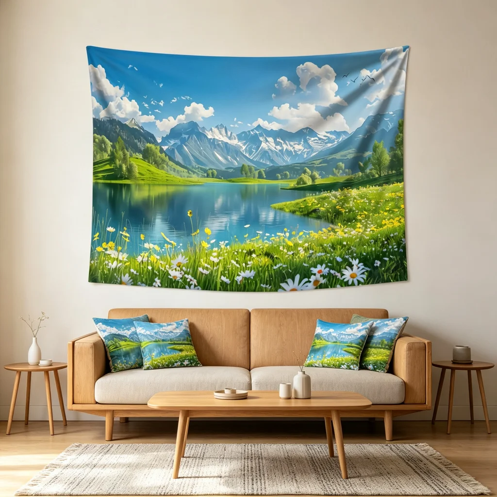 1PC Snow Mountain Lake Grass View Print Backdrop Banner, Bedroom Living Room Photo Background, Polyester, Home Decor, Wall Art