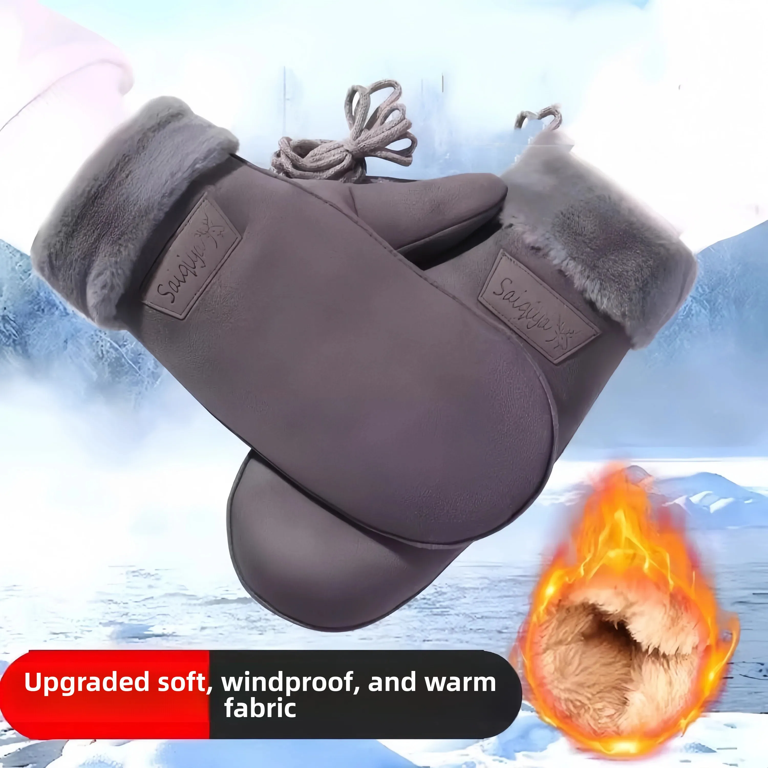 

Thickened Winter Gloves Neck Hanging Skiing Waterproof Deer Skin Velvet Cycling Connected Fingers Cold Resistant Women's Mittens