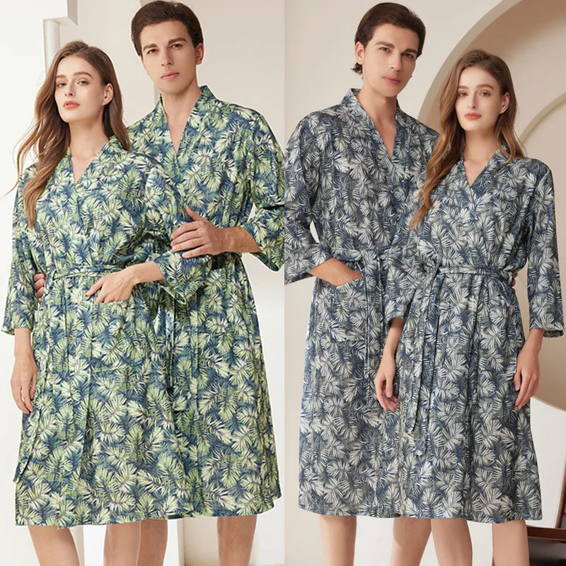 

Couple Robe Sleepwear Women's Leaf Printed Lace Up Bathrobes Men's Plus Size 3XL Nightgown Bath Towels Sexy Lingerie Kimono Gown