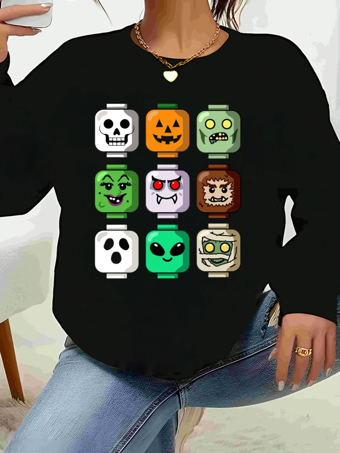

Хэллоуин Lego Style Monster Faces с принтом футболка с длинными рукавами Хэллоуин костюм праздничная одежда женский повседневный топ