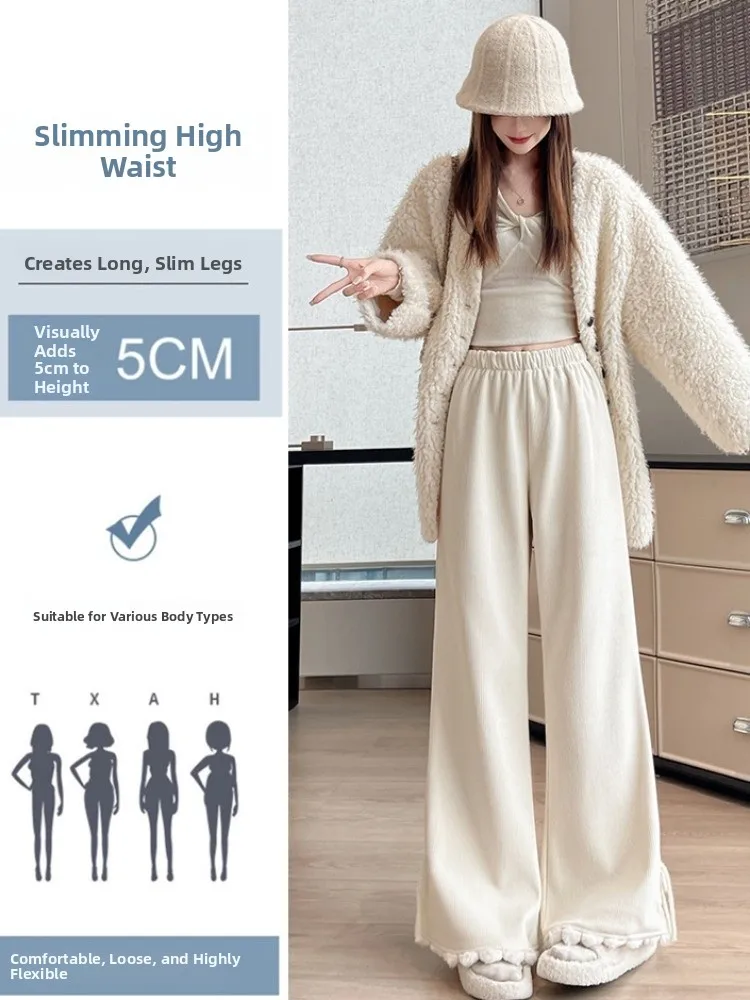 Pantalones de pana con nudo dulce para mujer, pantalones de pierna ancha informales holgados y cálidos de invierno, pantalones de tubo rectos de cintura alta