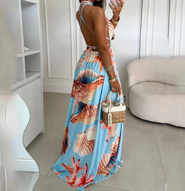 Ocean Creature Print Blue Dress, Fashionable Hanging Neck Tie, Sexy Low Neck, Backless, Waist Cinching, Floor Length Skirt