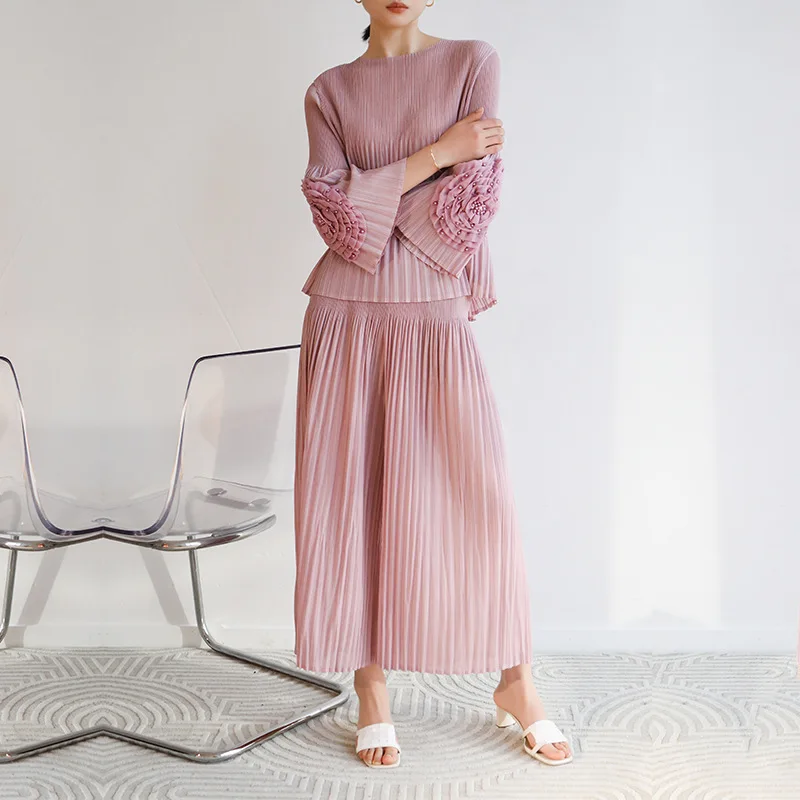 Miyake Pleated Suit Spring Autumn Women\'s 2023 New Fashion Suit Round Neck Bubble Sleeve Top+Wde Leg Pants Women Two Peice Sets