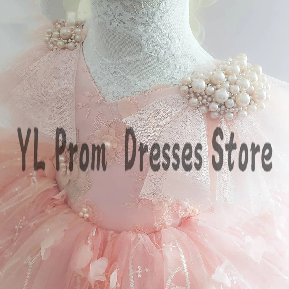 YL Baby Pink Puffy Mini Flower Girl Dresses Pearls Short Sleeve Childern Baby Birthday Party Dress With Bow Kid Pageant Gowns