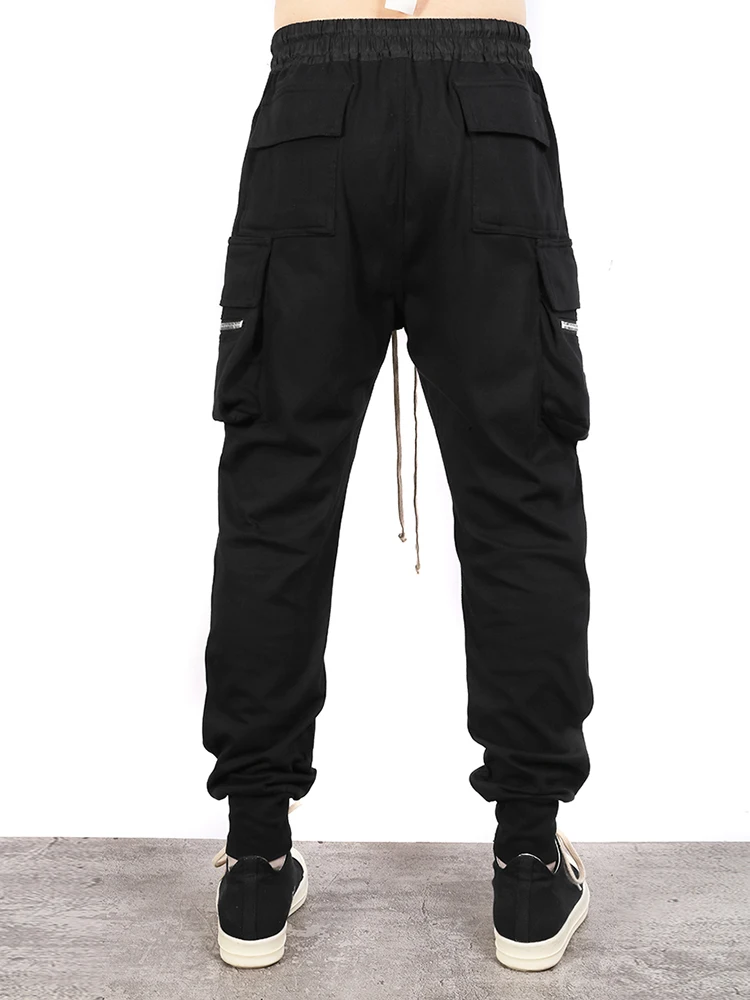High Street Dark RO Black Pants Men's Side Zipper Pockets Elastic Waist Work Pants with Multiple Pockets Sweatpant Casual Pants