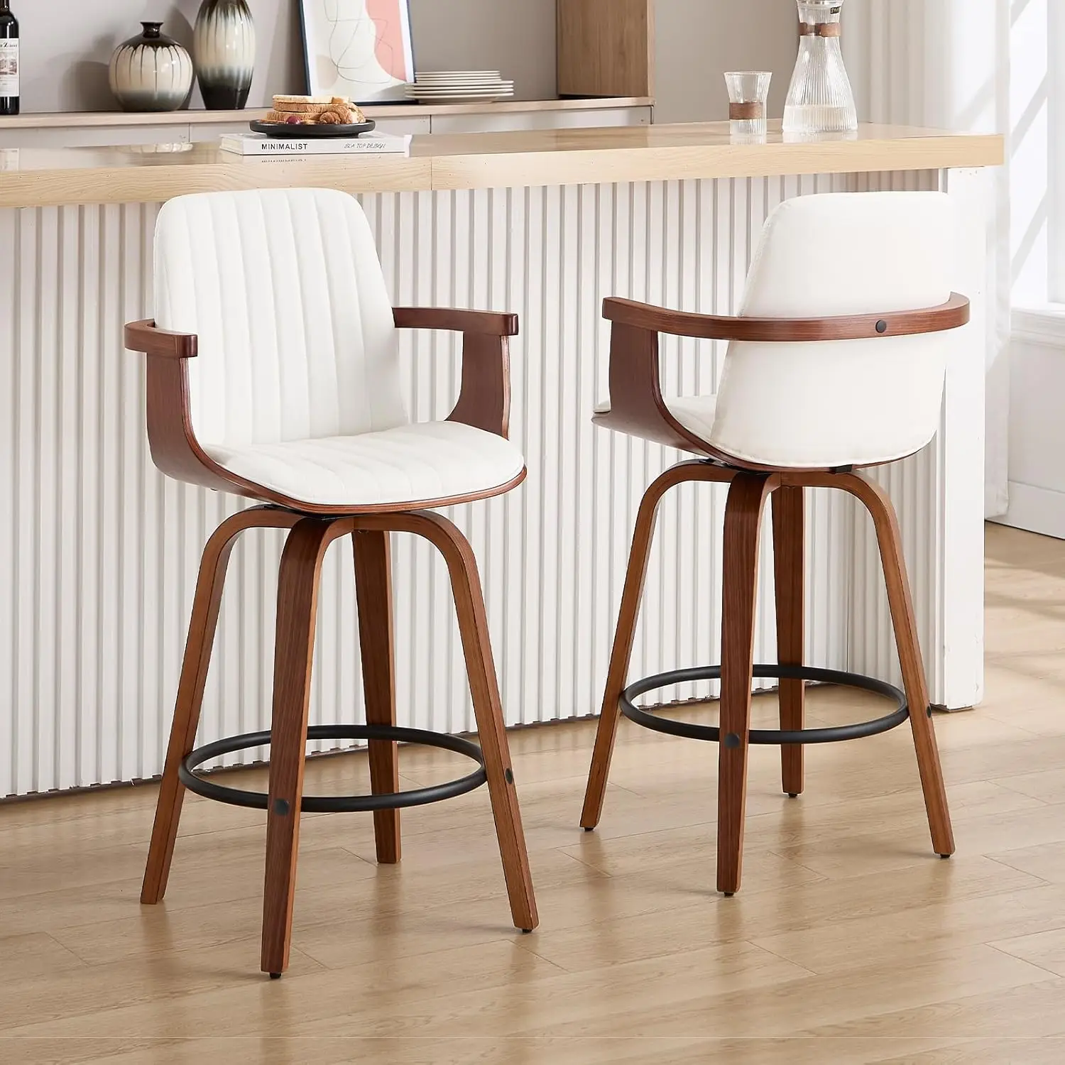 Set of 2 26 Inch Counter Height Swivel Bar Stools High Back Wood Arm PU Leather Upholstered Stool for Kitchen Island