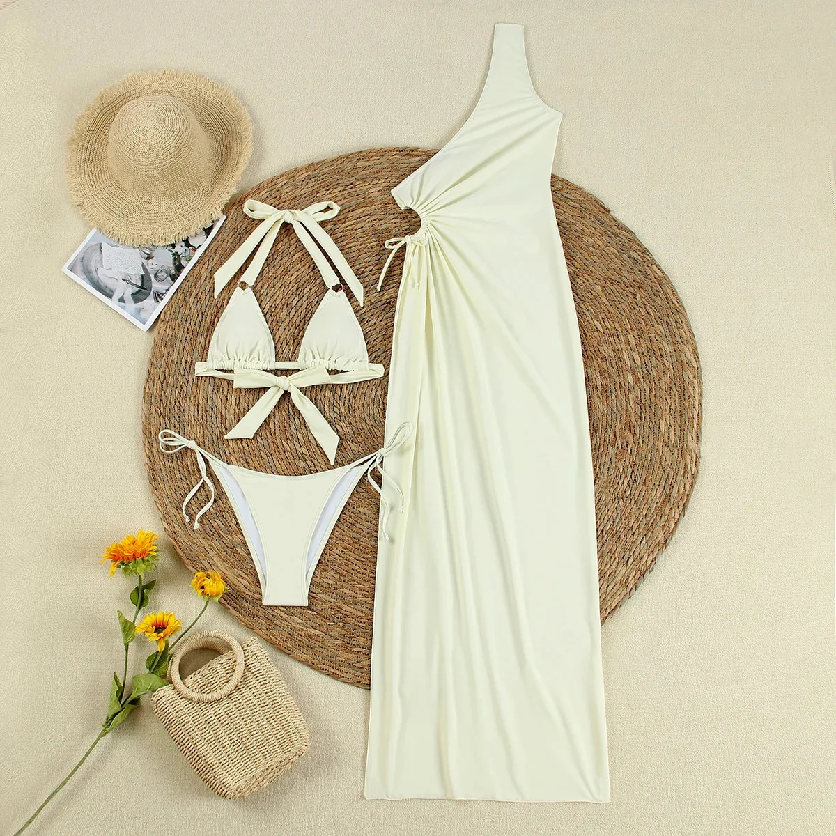 بيكيني مثير أبيض صغير ثونغ ملابس سباحة نسائية 2025 ملابس سباحة جديدة بأكمام طويلة ملابس شاطئ بكيني للسيدات