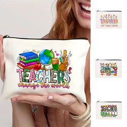 Teacher 'S Day Brief Patroon Serie Canvas Make-Up Tas Grote Capaciteit Tas Multi-Functionele Opbergtas Dames Handtas