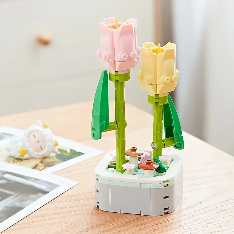 Building block flowers, potted plants, sunflowers, tulips, fragrant flower decorations, puzzle toys, holiday gifts