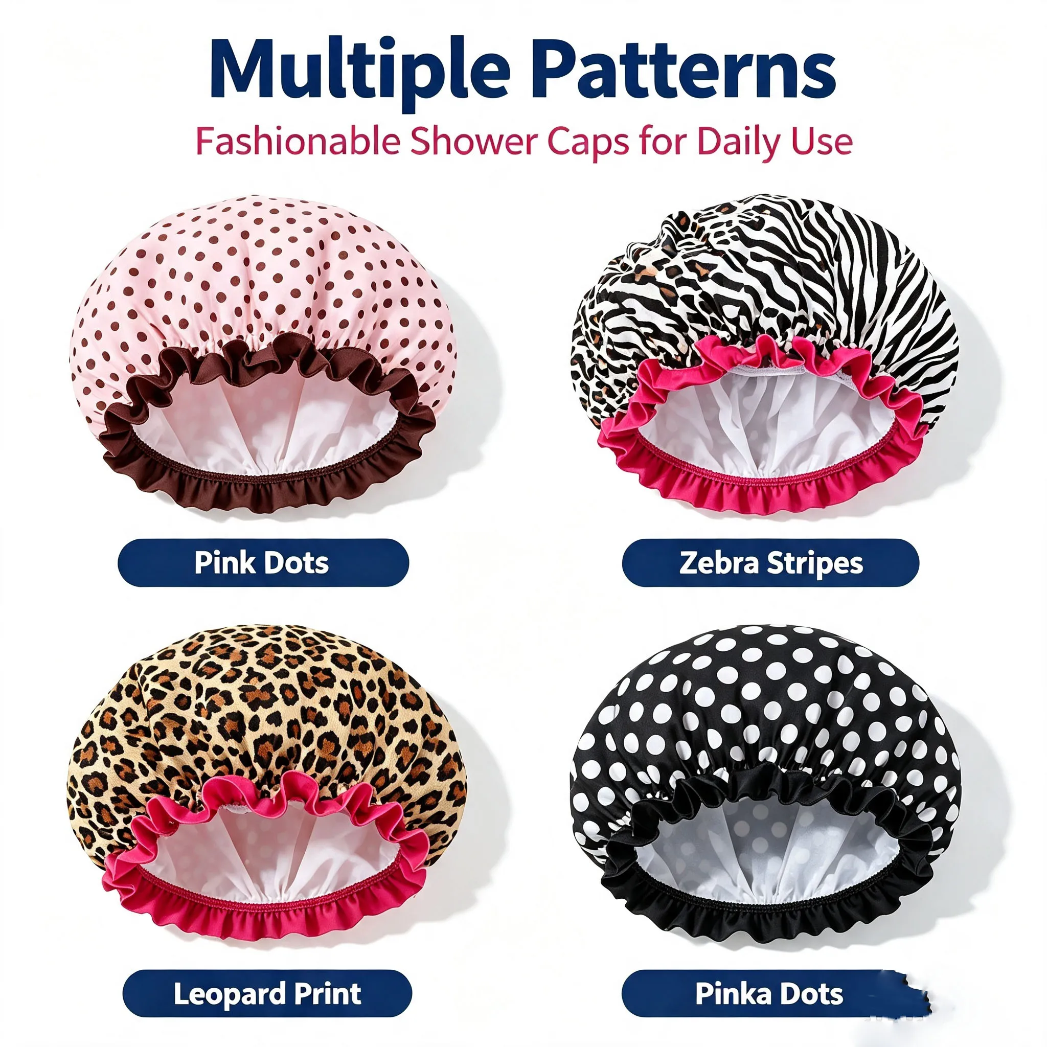 1PC Waterproof Shower Cap Leopard Print Double Layer Elastic Shower Hair Cover Reusable Wave Point Shower Cap Bathroom Supplies