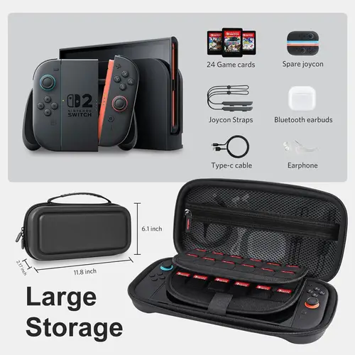 Imagen 2 del producto Estuche de transporte de gran capacidad para Nintendo Switch 2 (2025) con 2 protectores de pantalla, tapas de agarre para pulgar, 24 cartuchos de juego