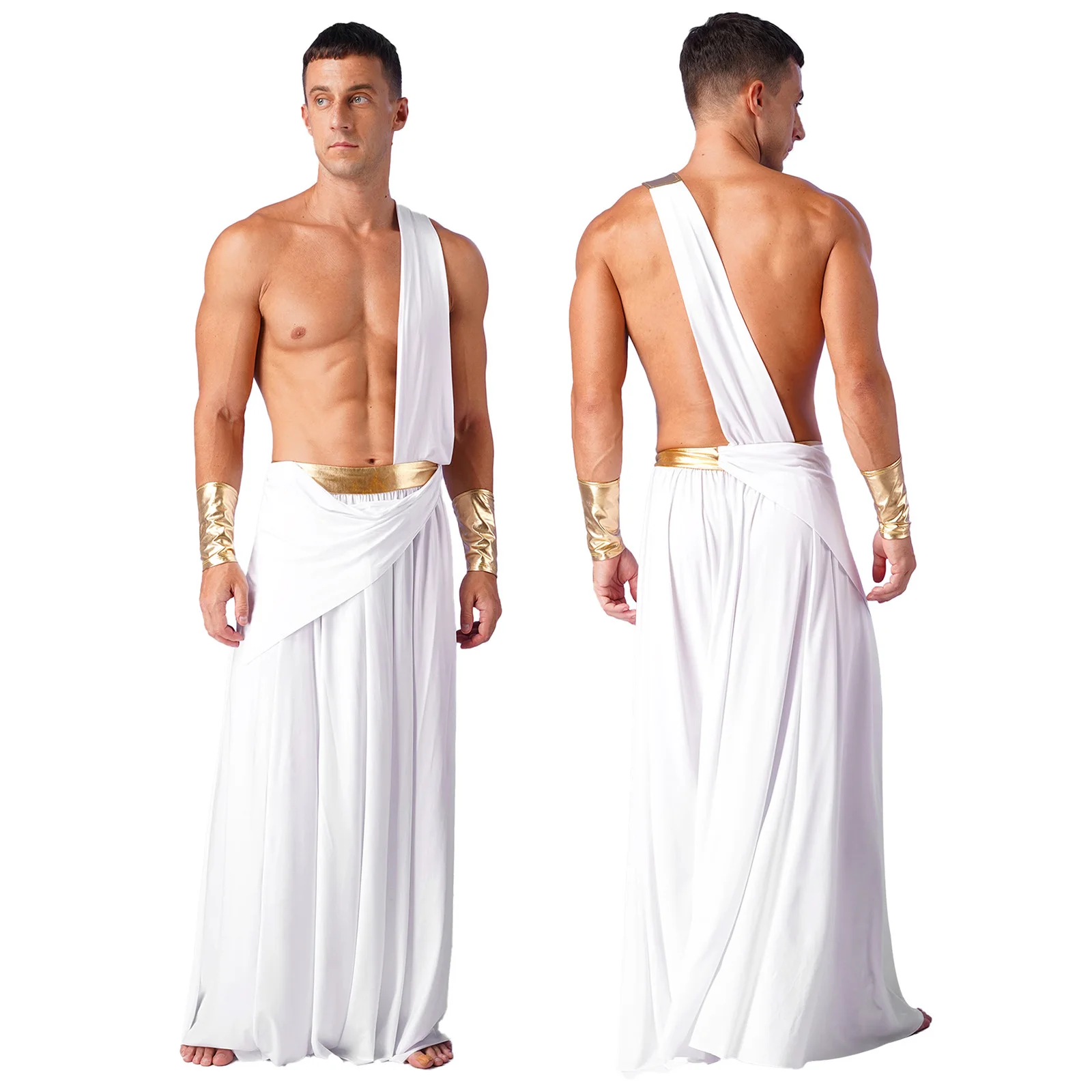 Mens Ancient Greek Cosplay Costume Long Skirt + Wristbands One Shoulder Strap Roman Toga Halloween Knight Greek Warrior Outfits