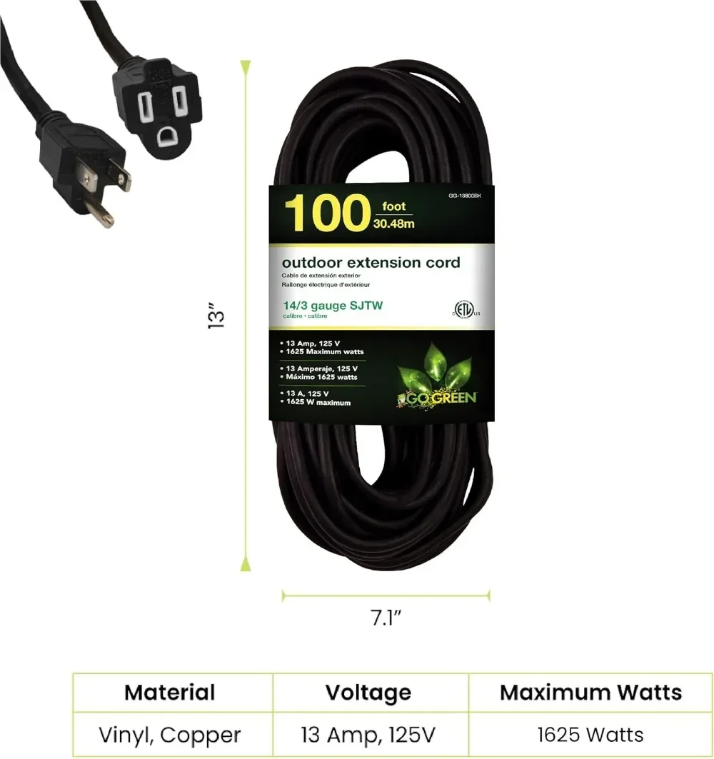 Outdoor Extension Cord Moisture-proof Wear-resistant and Durable for Heavy Equipment and Tools Black 100 Ft