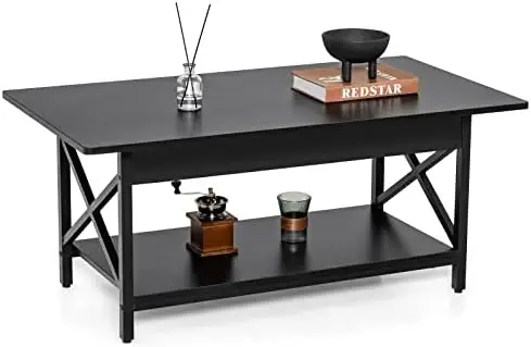 

Industrial Coffee Table, 2-Tier Wood Cocktail Tea Table with Shelf and X-Shape Steel Frame, Rectangle Sofa Side Accent Table fo