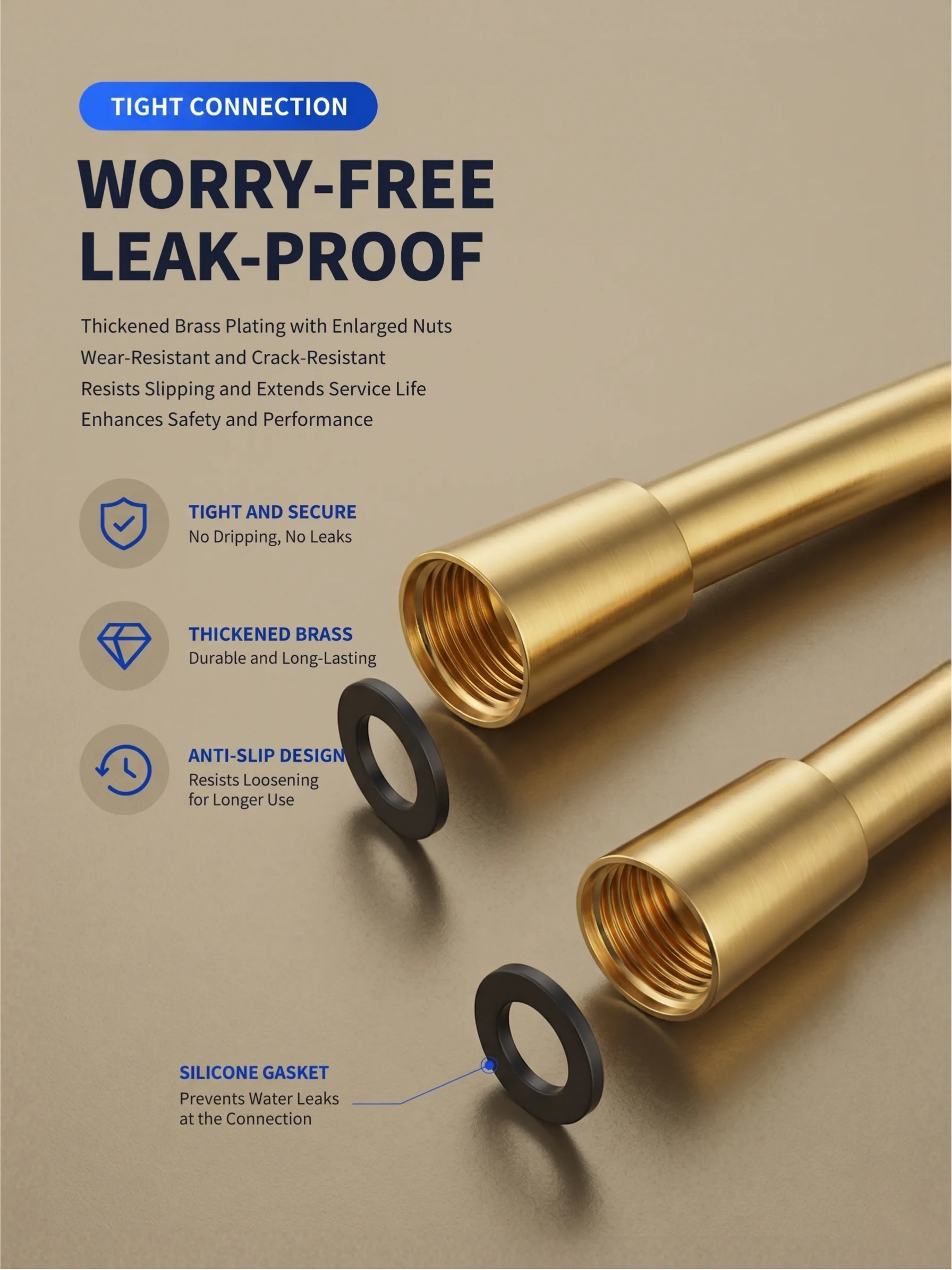 Sunset Gold Smooth PVC Shower Hose 1.5M G1/2 Universal Flexible Bath Pipe 360° Anti-Tangle High Pressure Tube image 5
