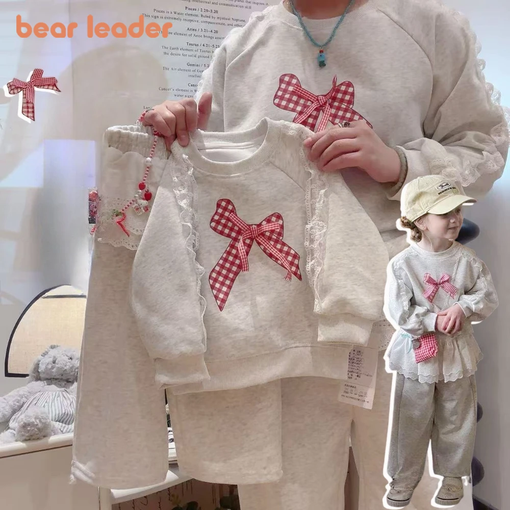 

Осенняя серая одежда для девочек с длинными рукавами Bear Leader, корейская версия, простой кружевной топ с украшением в виде банта + брюки, повседневный комплект из двух предметов