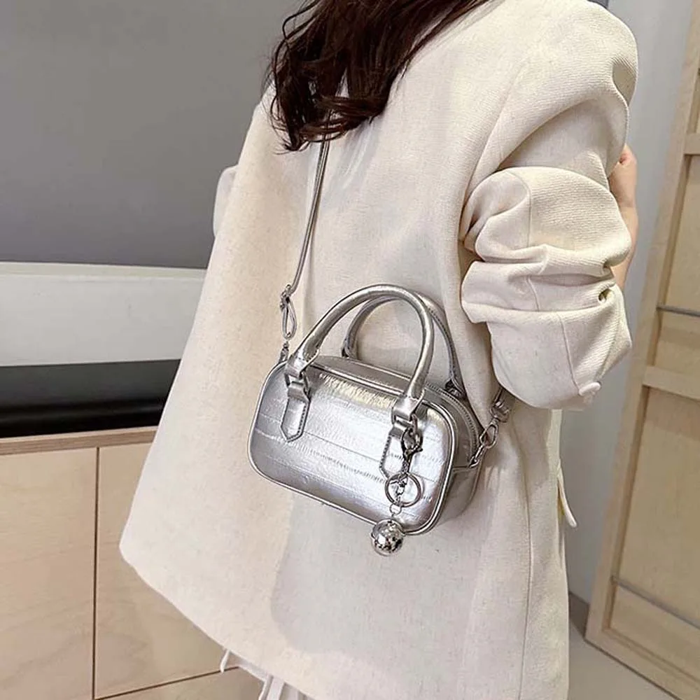 

All-Match PU Leather Boston Handbag Alloy Ball Ornament Korean Style Bowling Bag Waterproof Retro Small Square Bag Party